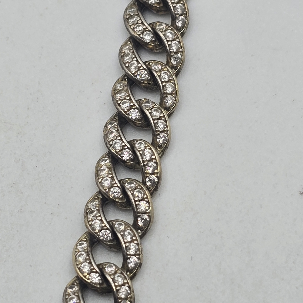 Unisex Sterling Silver Crystal Encrusted Cuban Chain Necklace - Picture 4 of 7